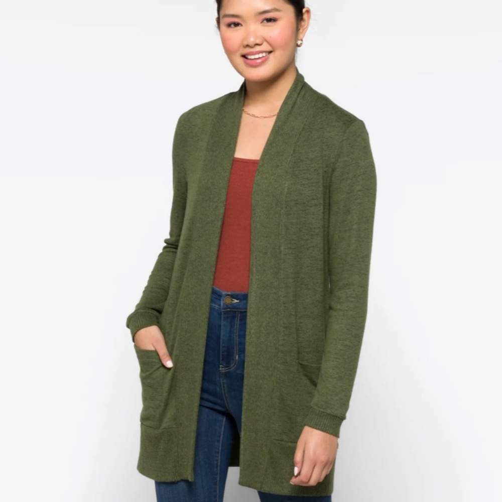 Bobeau Green Open Front Cardigan
